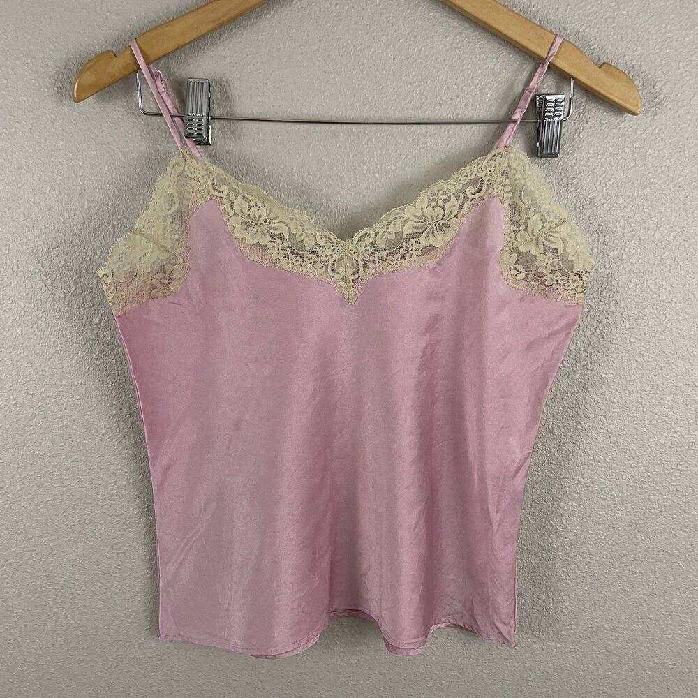 GAP Body Womens M Pink 100% Silk Y2K 2005 Cami Lace Top Blouse